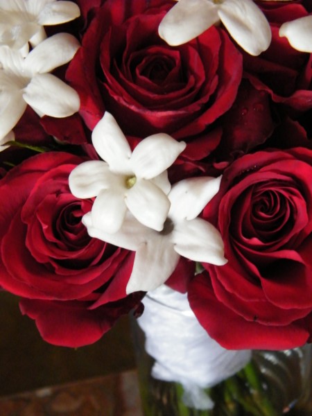 This red and white bridal bouquet was made of premium longstemmed roses