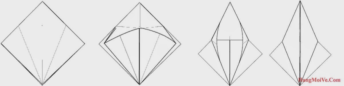 Bước 6: Từ hình 1 ta kéo góc dưới cùng của lớp giấy đầu tiên theo chiều từ trong ra ngoài, hướng từ dưới lên trên (hình 2 + hình 3), ta sẽ được như hình 4. 