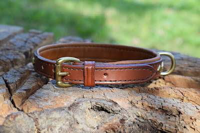 Padded collar for dachshund with diamond-shaped brass studs made to measure and hand stitched