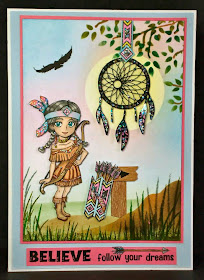 American Indian girl character-bow and arrows-dream catcher-stamps-visible image