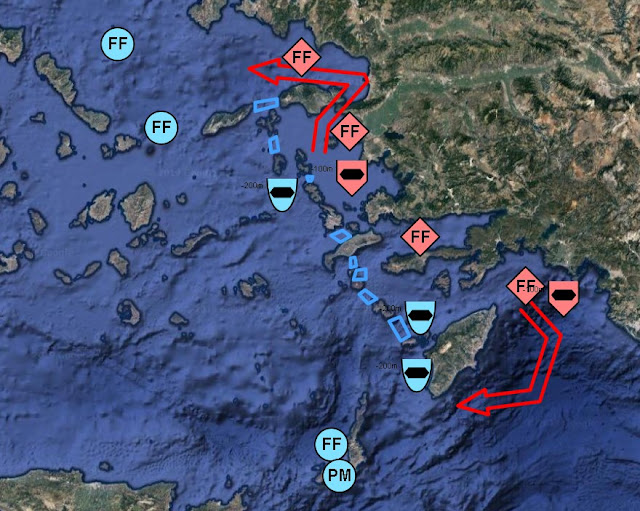 Απλοικό παράδειγμα ναρκοθέτησης στενών περασμάτων μεταξύ των Δωδεκανήσων και της Σάμου-Ικαρίας. Σε τέτοιο ενδεχόμενο, το ΤΝ θα αναγκαστεί να βγει από περάσματα, όπου το ΠΝ θα έχει προκαθορισμένους χώρους καταστροφής.