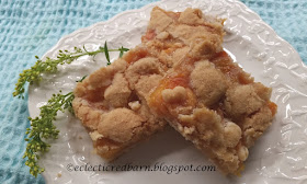 Eclectic Red Barn: Peach Slab Pie Bars. Share NOW  recipes with bloggers and readers. #recipes #peaches #homemade #eclecticredbarn #dessert