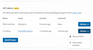 API token management interface displays each token's name, scope, date/time created, and date/time last used, and the user can view each token's unique ID or revoke it