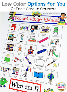 Back to School Bingo Riddles Speech Therapy activity  www.speechsproutstherapy.com