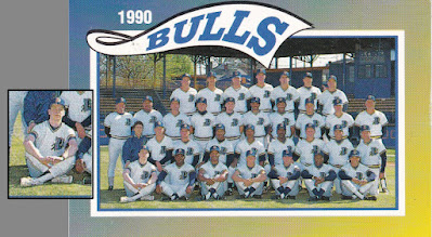 1990 Durham Bulls team photo card highlighting bat boy Ryan Thompson