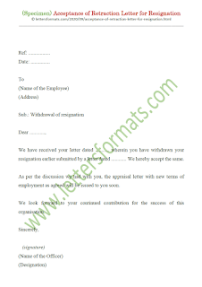 acceptance of withdrawal of resignation letter from employer sample