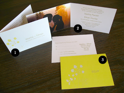 Above is a wedding invitation set using Tree Bush or Rocketship