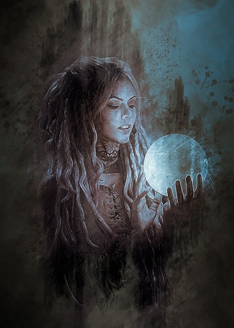 Art piece of a woman holding a crystal ball - tis very moody