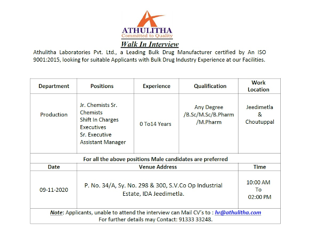 Athulitha Laboratories | Walk-In for Freshers & Experienced – Production on 9th Nov’ 2020