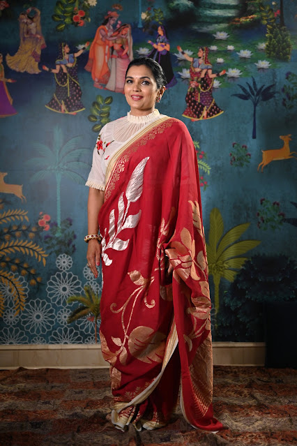 Red jangla jaal katan silk Banarasi saree