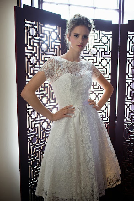 'BLANCHE' vinage wedding dress design. A sweet and flirty 1950s style in French lace.