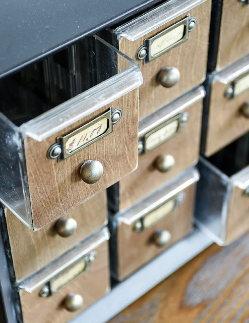 Metal hardware organizer turned faux card catalog