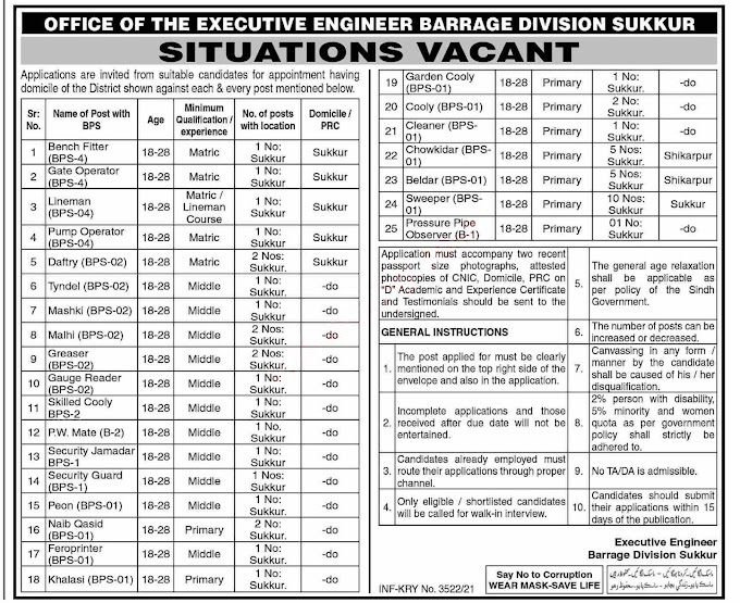  Sindh Govt Barrage Division Sukkur Today Latest Jobs 2021 for Sweepers, Beldar, Greasers. Daftri, Coolie & Others