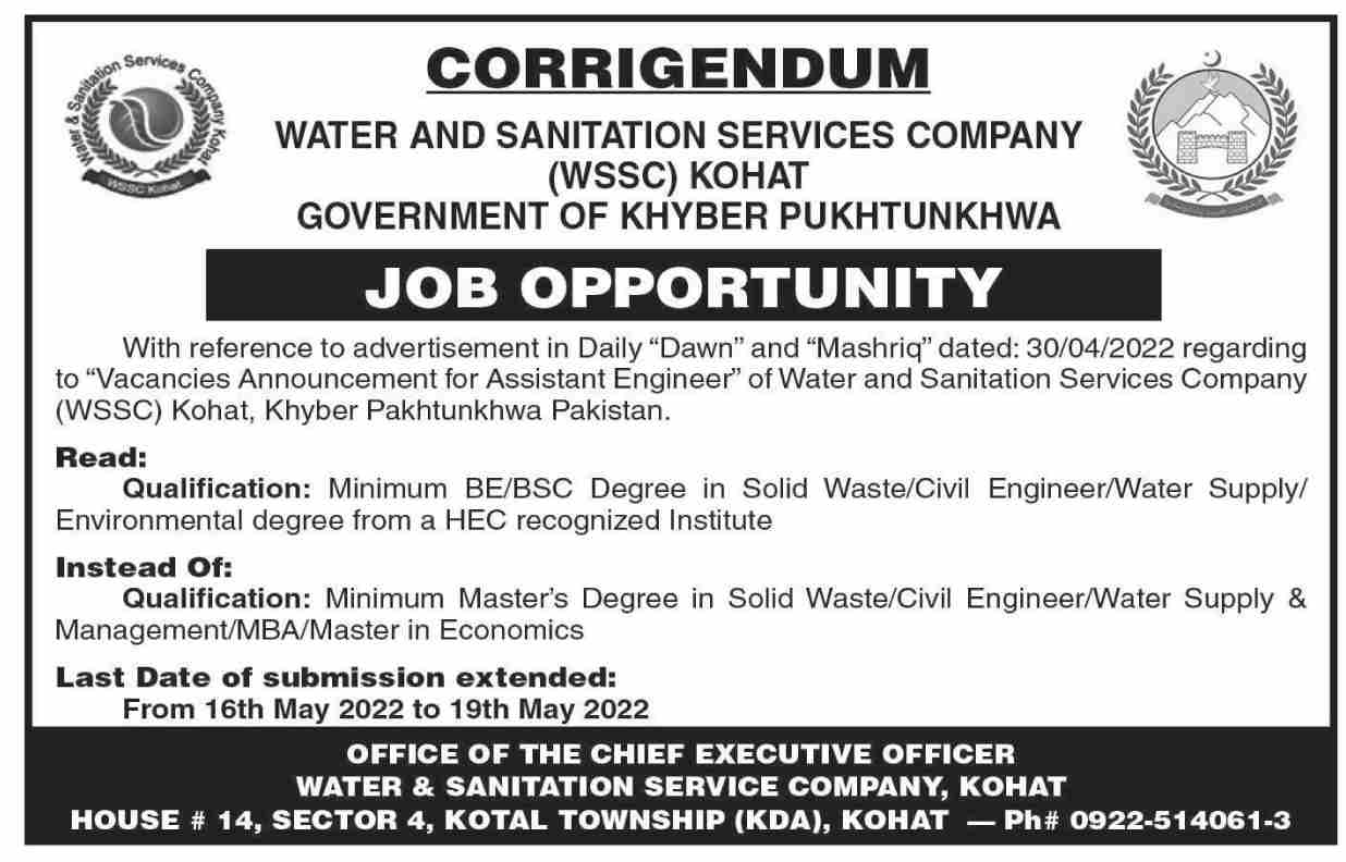 Latest Water And Sanitation Services Company WSSC Engineering Posts Peshawar 2022