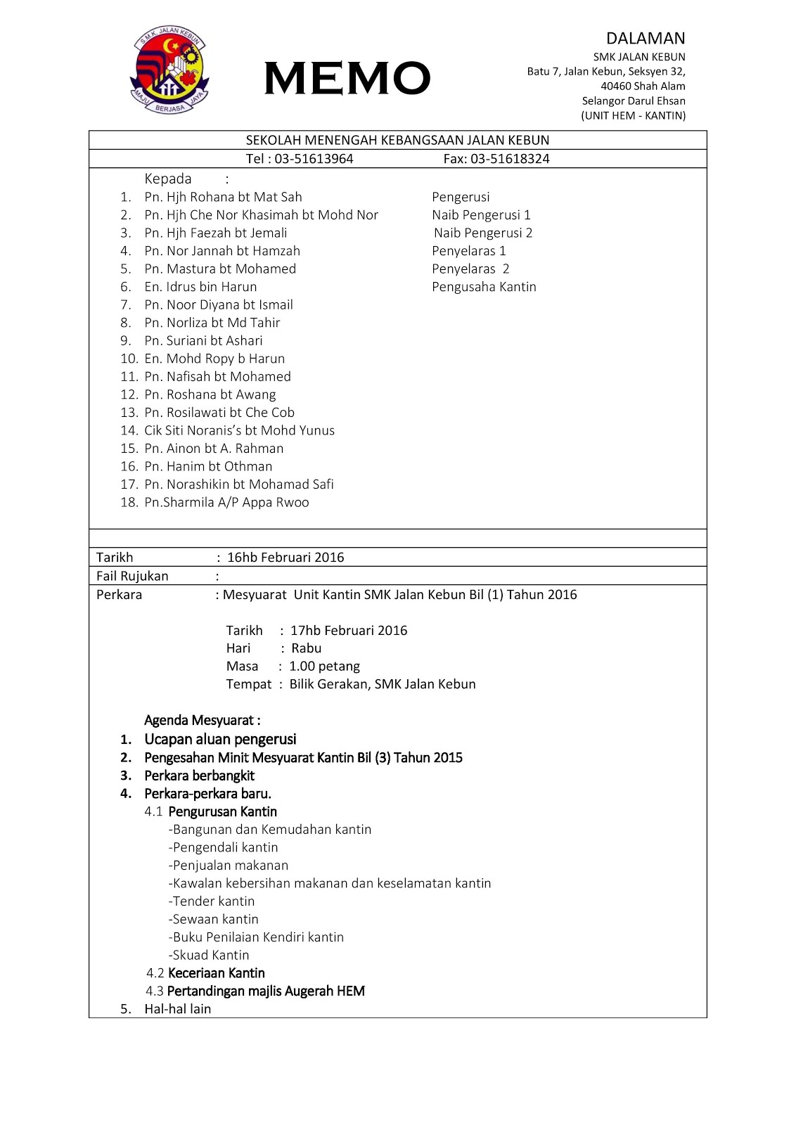 Portal Rasmi SMK Jalan Kebun, Klang: Memo Panggilan 