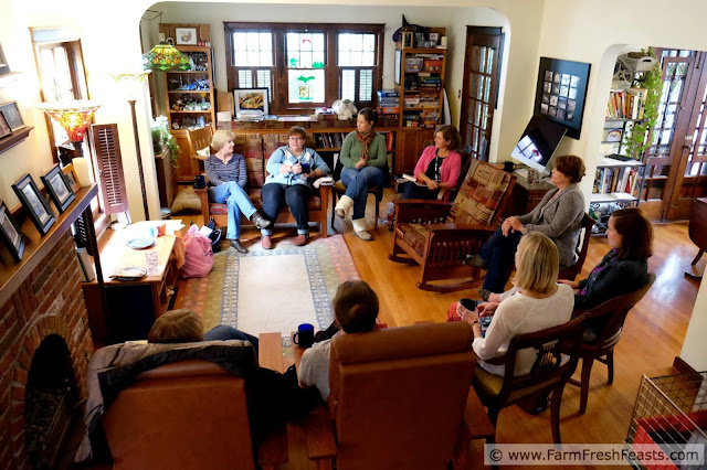 Book group gathering in my living room. The dogs must have been outside.