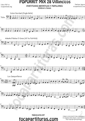 Tuba Elicón (o Bajo Metal) Partitura Mix 28 Sheet Music for TubaPartituras de Dulce Navidad, Adeste Fideles y Los Campanilleos Villancicos CLAVE DE FA 8ª BAJA