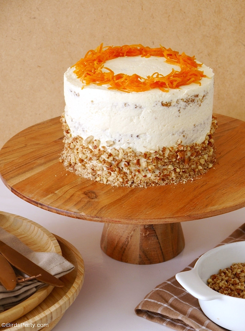 Carrot Layer Cake with Cream Cheese Frosting - delicious, moist cake with condensed milk, cream cheese smooth frosting, perfect for Easter dessert! by BirdsParty.com @birdsparty #cake #carrotcake #easter #eastercake #easterrecipe