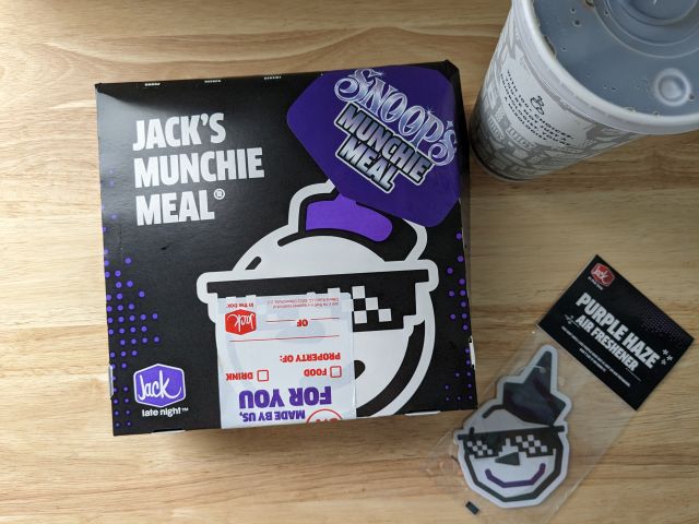 Jack in the Box Snoop's Munchie Meal box with drink and air freshener.