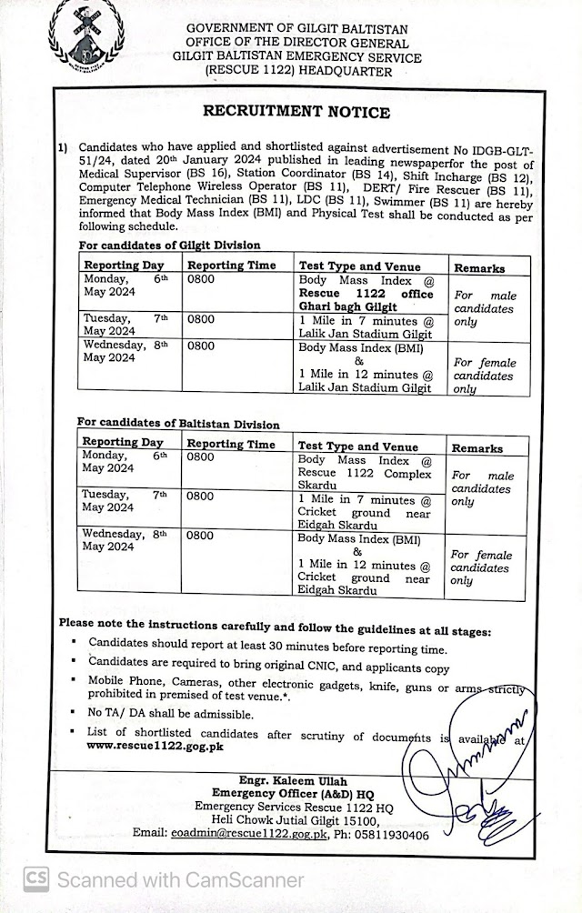 GILGIT BALTISTAN EMERGENCY SERVICE (RESCUE 1122) RECRUITMENT NOTICE