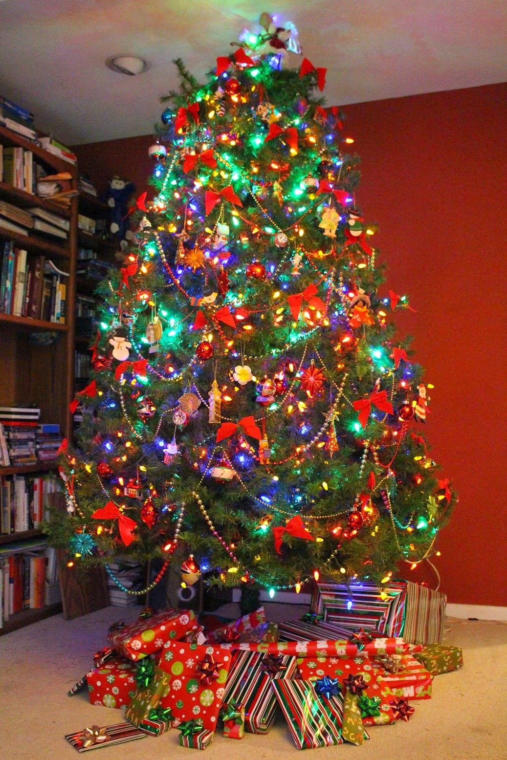 Christmas tree decorated in multi color lights