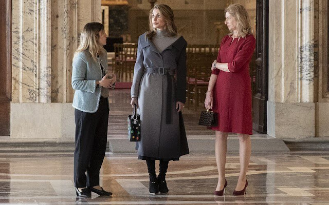 Queen Rania wore a new two color cashmere midi coat by Fendi. Fendi Spring/Summer 2021 collection. Laura Mattarella