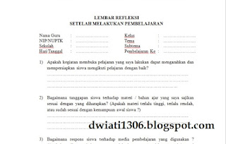 Lembar Refleksi Guru Setelah Melakukan Kegiatan Pembelajaran