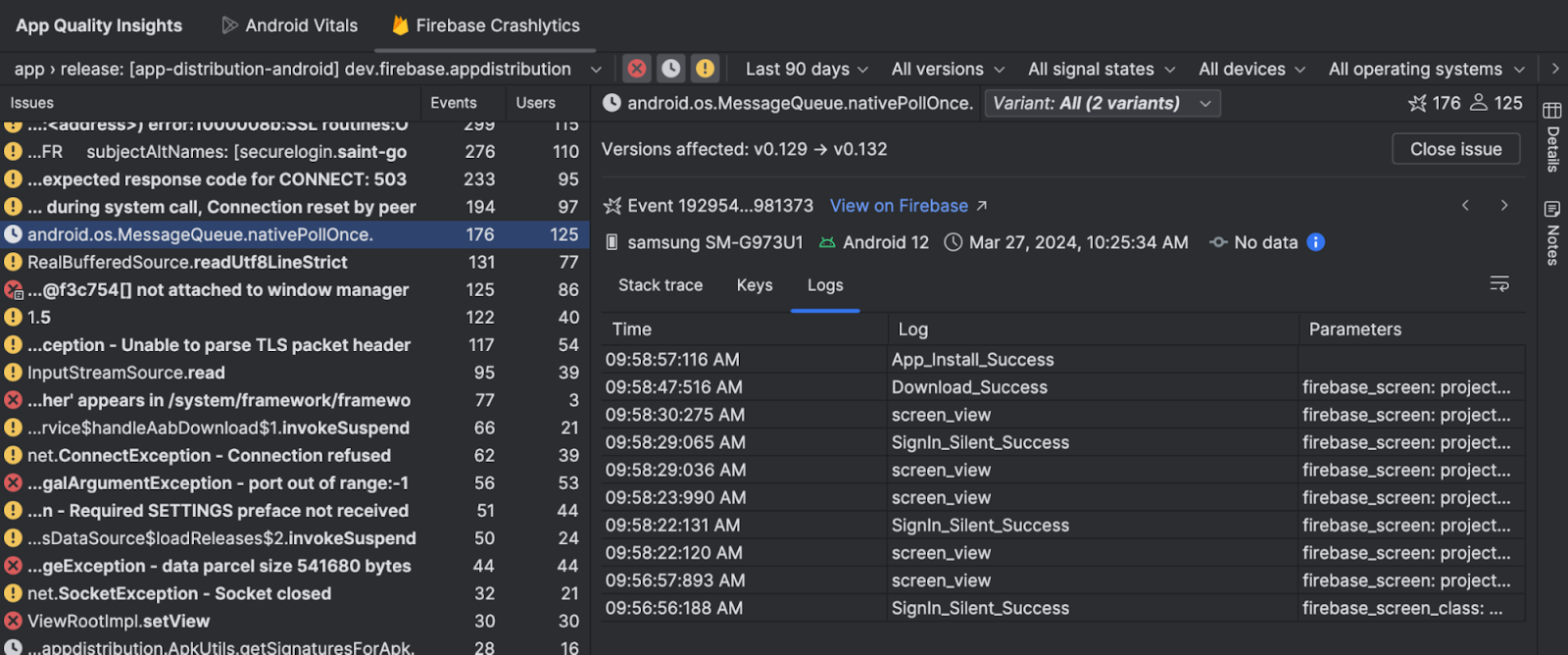 App Quality Insights in Android Studio