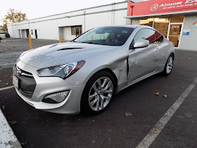 2014 Hyundai Genesis Coupe with damaged fender, door & quarter panel before repairs at Almost Everything Auto Body