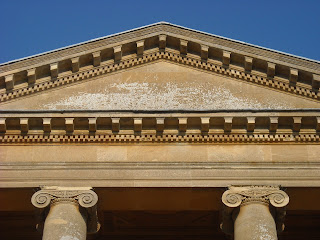 Pediment at front of Basildon Park, discoloured by weather over a period of time