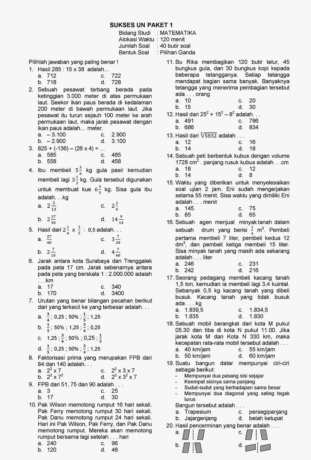Kunci Jawaban dan Soal  UN  Matematika Kelas  6  SD TA 2021 