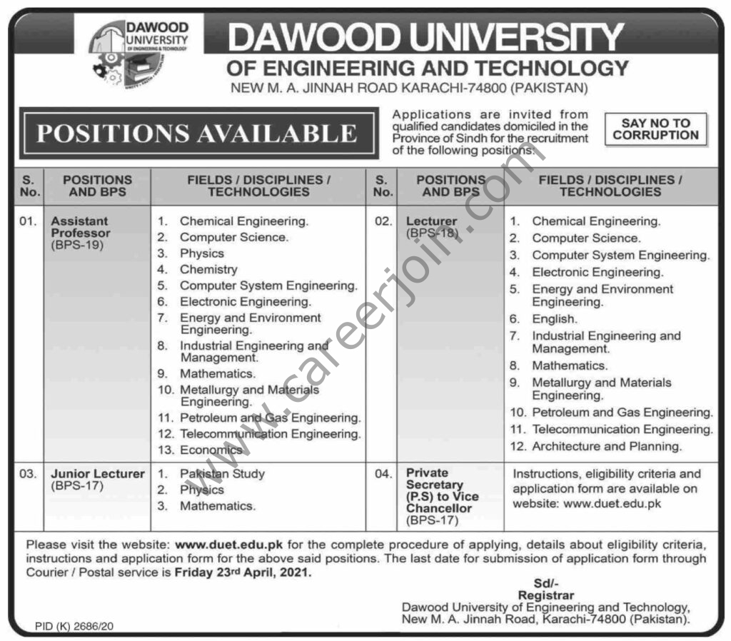 Dawood University of Engineeing & Technology Jobs April 2021