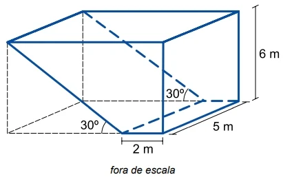 FAMEMA 2021: A figura indica, em azul, um reservatório em forma de prisma construído a partir de um paralelepípedo reto-retangular, também indicado na figura.