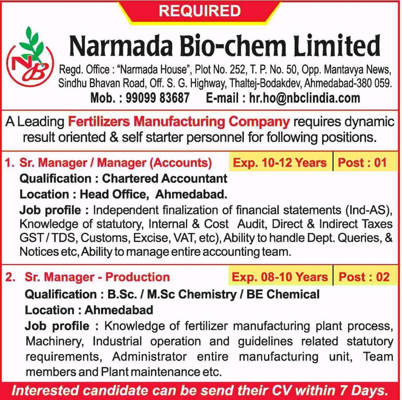 Job Availables,Narmada Bio-chem Limited Job Vacancy For BE Chemical/ BSc/ MSc Chemistry/ Chartered Accountant