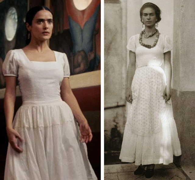 Frida no filme e foto real vestido branco