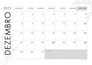 Calendário mensal em branco Dezembro 2025