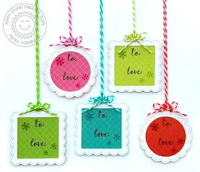 Sunny Studio: Stitched Scalloped Circle & Square Mini Christmas Holiday Gift Tags (using Fancy Frames Circle & Square Dies, Very Merry 6x6 Paper & Season's Greetings Stamps)