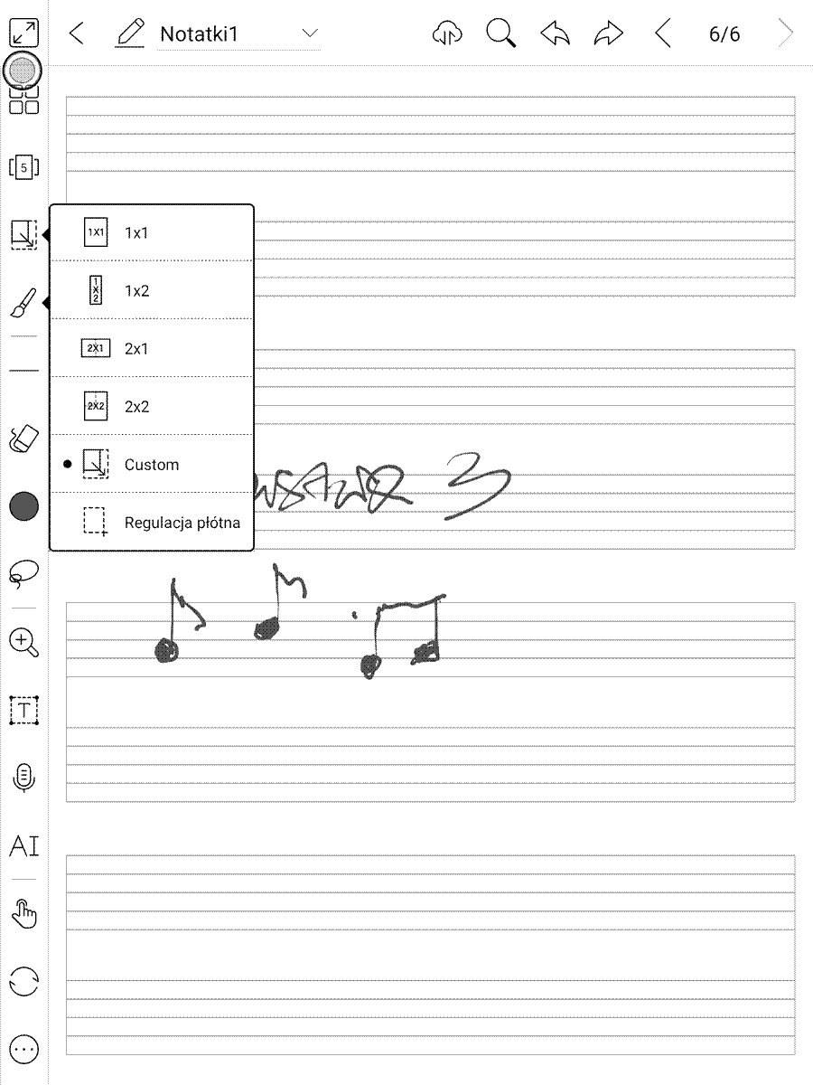 Onyx Boox Note Air – ustawienia rozmiaru strony w aplikacji Notatka