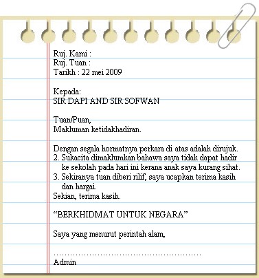 Contoh Surat Rasmi Tidak Hadir Ke Sekolah Kerana Demam 