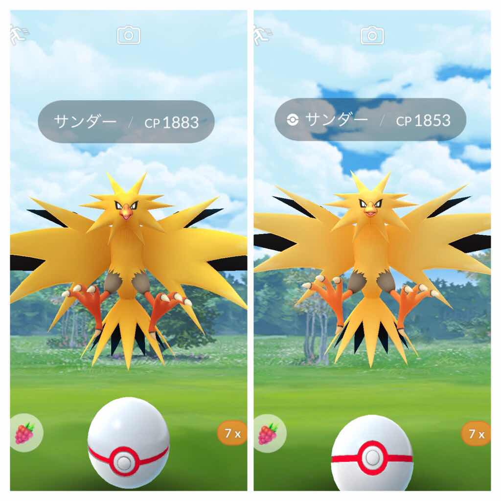 ポケモンgo 色違いサンダーをゲット ポケモンgoでの色違いの見分け方は ふみの色違いポケモンブログ