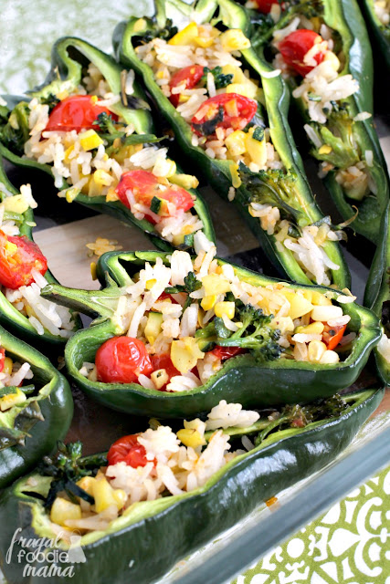 Put all of those fresh garden & farmers market veggies to tasty use with this recipe for Summer Veggie Stuffed Poblano Peppers.