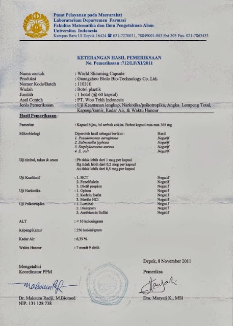 Sertifikat Uji Laboratorium dan Nomor Lisensi Kesehatan Badan Penelitian Dari  Fakultas MIPA ( Matematika Dan Ilmu Pengetahuan ALAM ) Universitas Indonesia