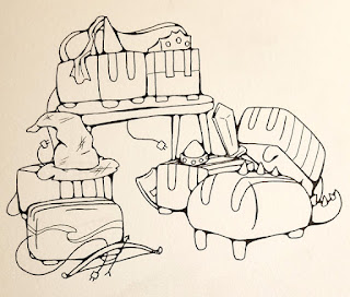 A fully outlined drawing of seven toasters dressed in fantasy attire.
