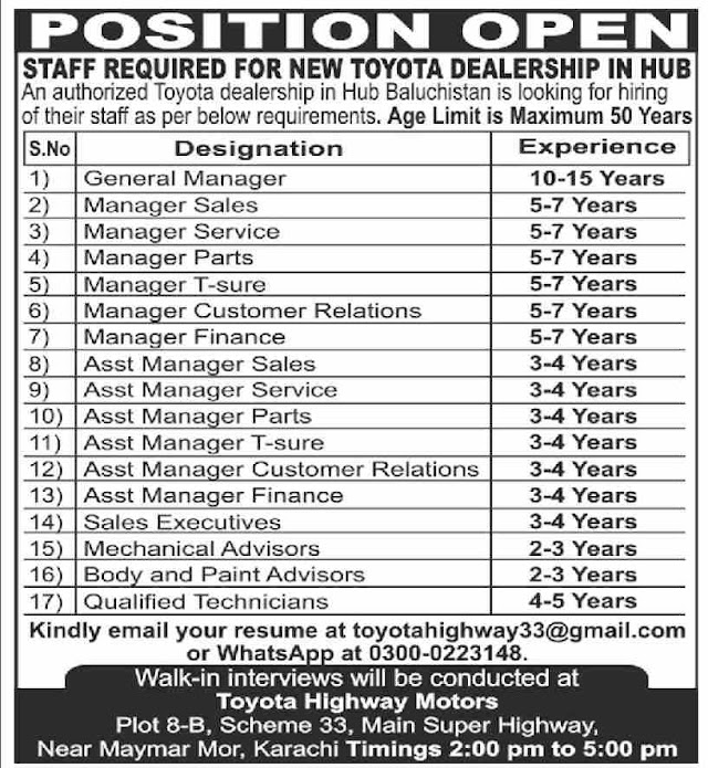 Toyota Dealership Hub Balochistan Jobs 2023