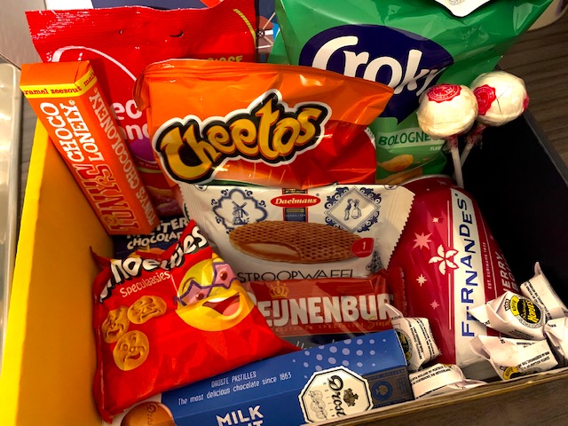 Various snacks from the Netherlands in a cardboard box