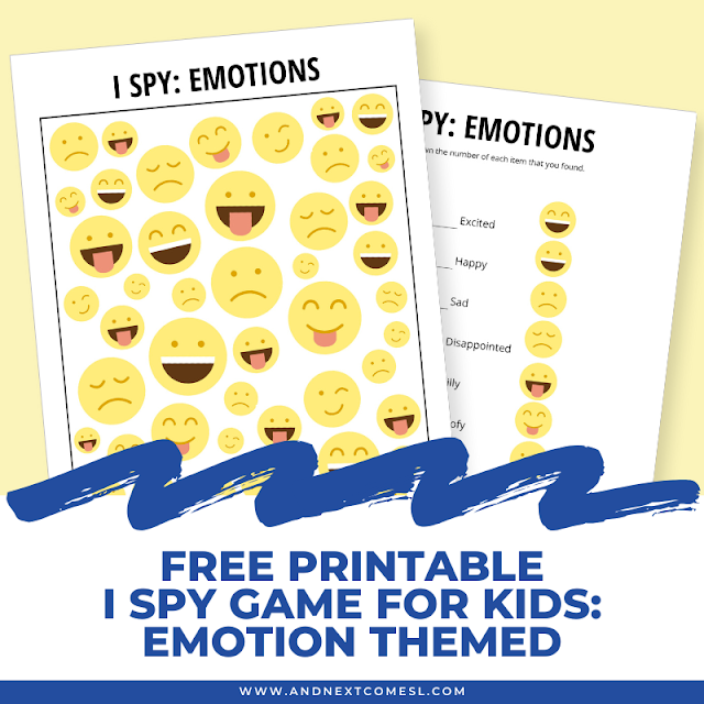 Free printable emotion themed I spy game for kids