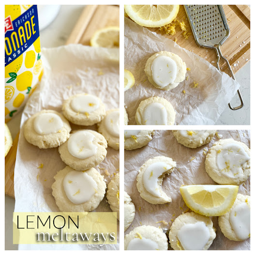 Collage of lemon meltaway cookies with AE Dairy lemonade.