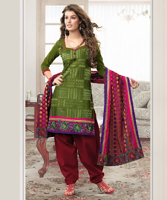 Green Maroon Embroidered Cotton Suit with Dupatta