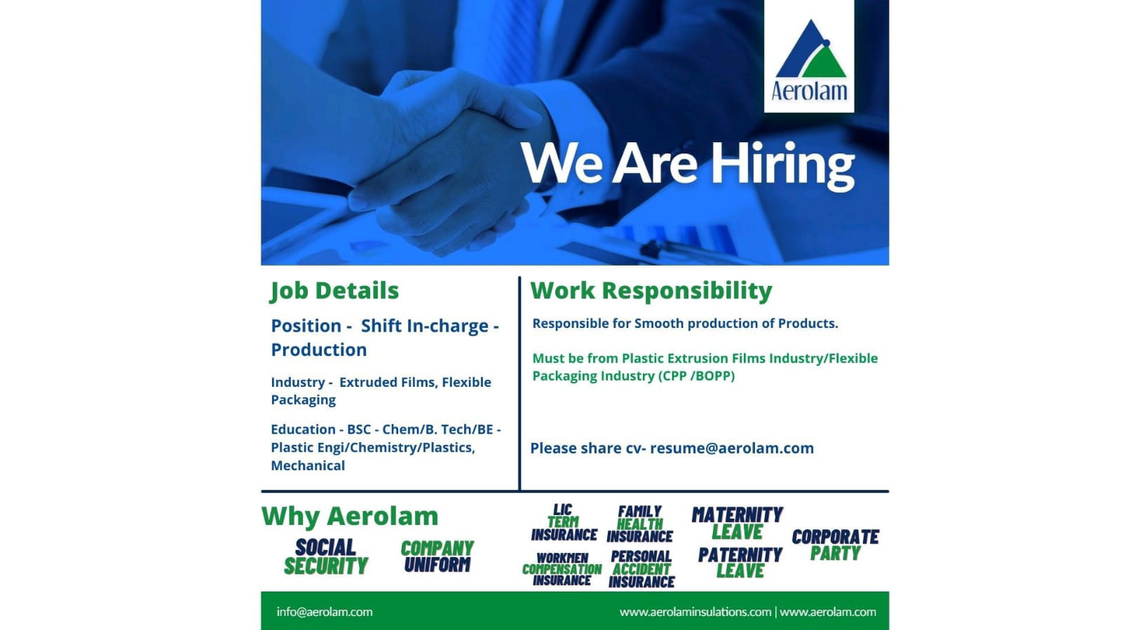Job Available's for Aerolam Job Vacancy for Position Shift In-charge - Production