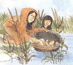 La cesta col piccolo viene adagiata sulle acque